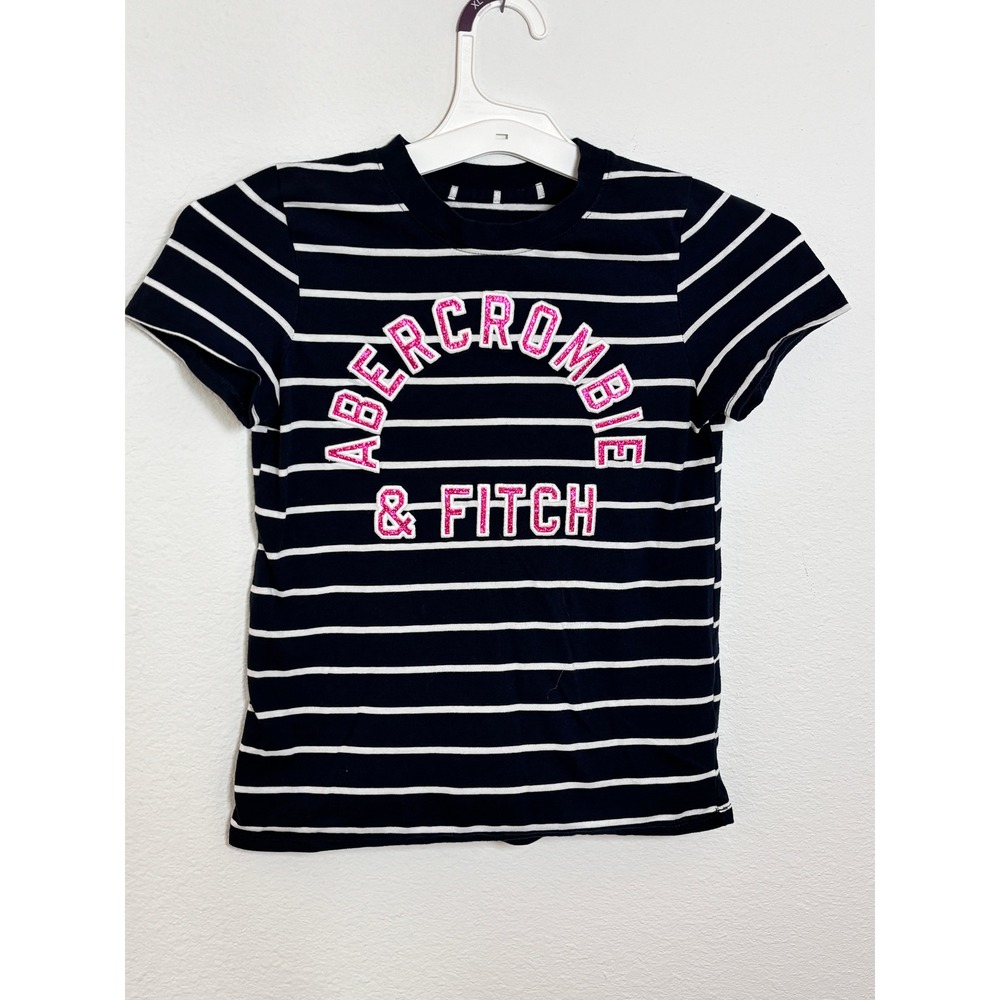 Abercrombie Kids Girls Navy Blue White Striped Pink Glitter Logo Tee Shirt 9/10